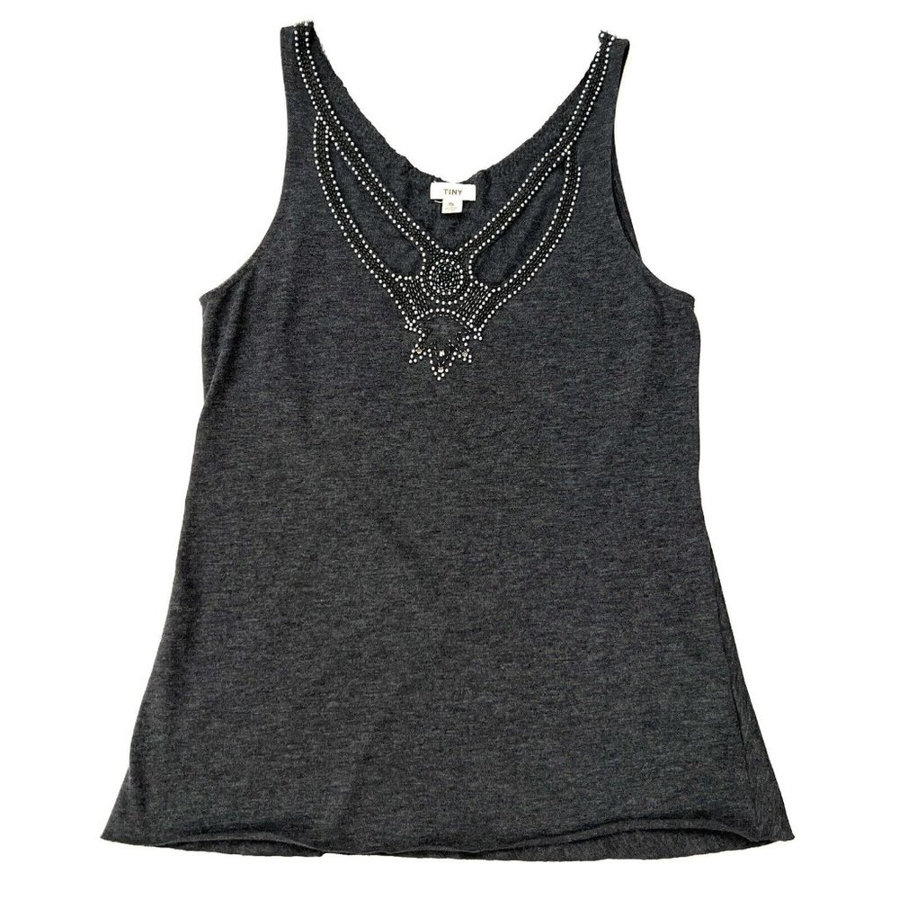 Anthropologie Tiny size S Tank Top Grey Silver Beading Cutouts Boho V- neck